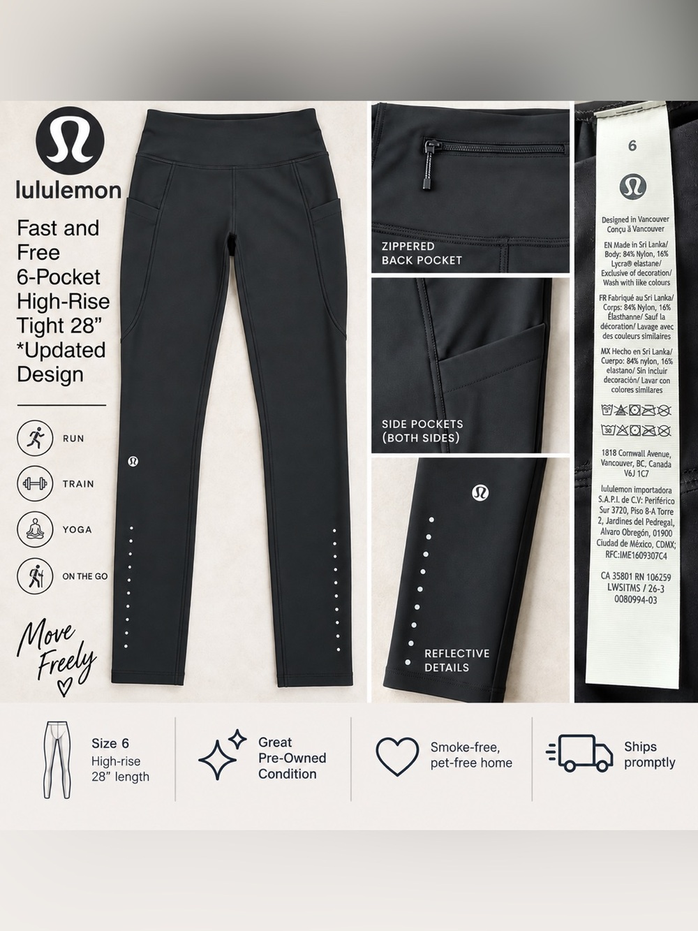 lululemon Fast and Free 6 Pocket High Rise Tight 28” Black Size 6